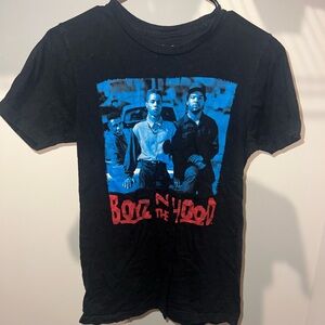 Small, Black, Blue, and Red Graphic T-Shirt with Boyz-N-The-Hood Image